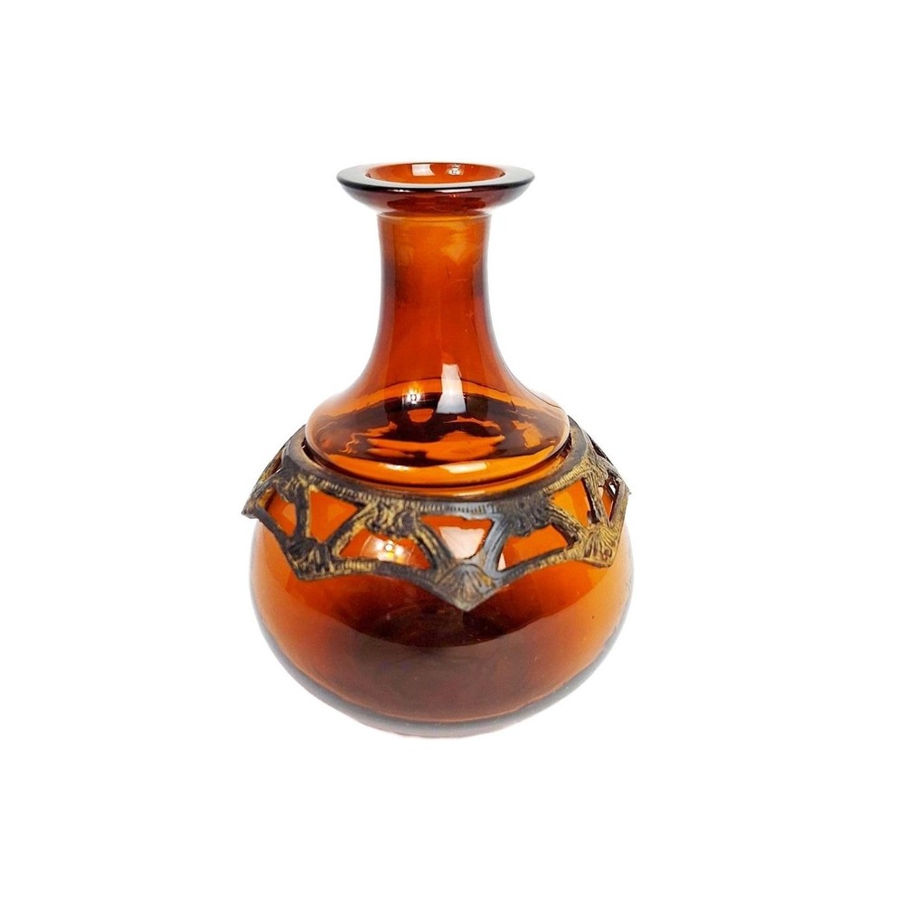 Vintage Amber Glass Bud Vase with Brass Filigree Metal Overlay Decorative Bottle